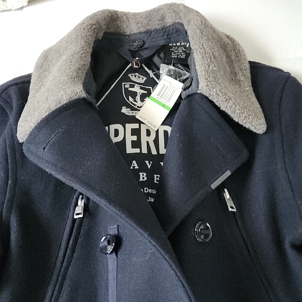 Superdry Men's Dark Blue Peacoat with Light Gray Collar